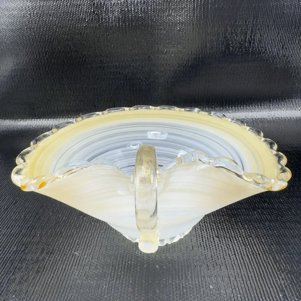 Venetian Art Glass Dish Bowl W Handles Hand Blown Italian Glass Gold White Swirl